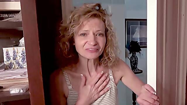 Curly Blonde MILF Strips And Gives Wet Shower Blowjob