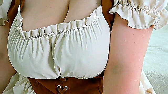 A Wife in an Elegant Blouse Enjoys Her Large Breasts and Cleavage.